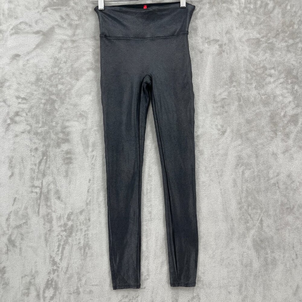 Spanx Faux Leather Snake Reptile Embossed Black Shiny Leggings Shaping